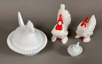 Vintage Indiana Milk Glass Hens On Hobnail Nest And Rooster And Hen Figurines