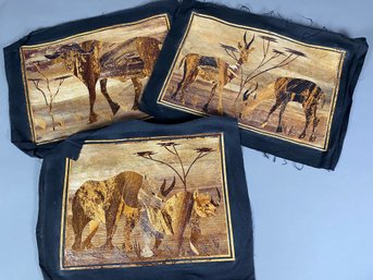 Awesome Set Of 3 Handmade Mosaics Or Collages, Banana Leaf On Black Cloth, Water Buffalo, Impala, Rhinoceros