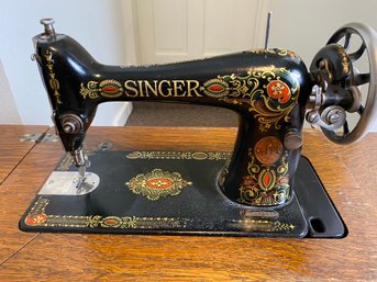 Phenomenal Antique Foot Pedal Singer Sewing Machine With Beautiful Artwork & Details In Wood Cabinet