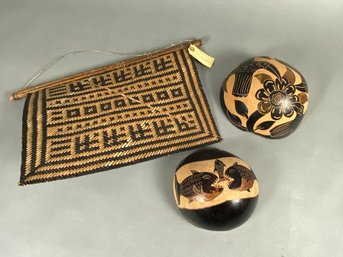 Two Beautiful Carved & Painted Brazilian Gourds And Woven Wall Hanging