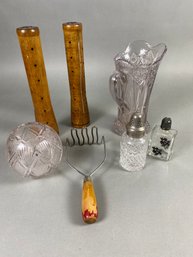 Collection Of Vintage Items, Perfume Bottle, Bobbin Beehive Thread Spindles, Pressed Glass Pitcher & Rose Bowl