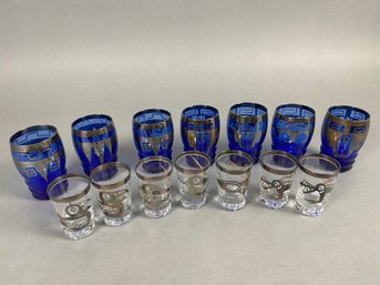 Set Of Small Vintage Art Deco Barware Glasses And Shot Glass With Silver Overlay Painting Aztec Tribal Designs