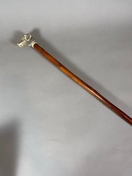 Wonderful Decorative Figural Cane Or Walking Stick With Carved Dog In Handle And Brass Tip