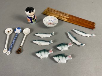 Adorable Set Of Fish Shaped Porcelain Chopstick Rests Or Figurines, Spoons, Chopsticks, Bowl, And Shaker