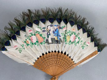 Incredible Antique Peacock Feather & Sandalwood Fan With Painted Details