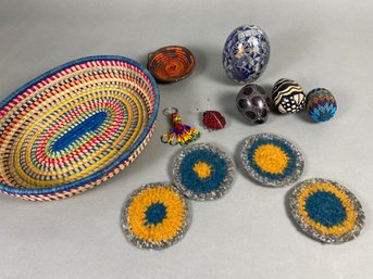 Colorful Handcrafted Art Including A Woven Tray, Wool Coasters, Painted Rock, Beaded Eggs & More