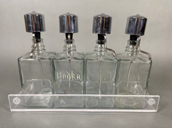 Very Cool Set Of Four Glass Liquor Decanters In A Plastic Tray, Etched With Vodka, Scotch, Gin & Bourbon