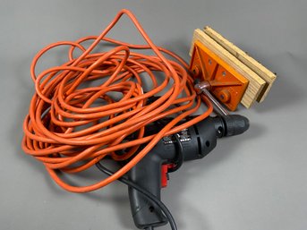 Drill Master 3/8' Reversible Corded Drill With Keyless Chuck, Orange Vice Or Clamp, & Over 40' Extension Cord