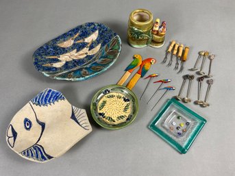 Fun Bird & Fish Themed Lot Of Pottery Pieces & Small Demitasse Spoons & Bamboo Handle Forks, Numismatist