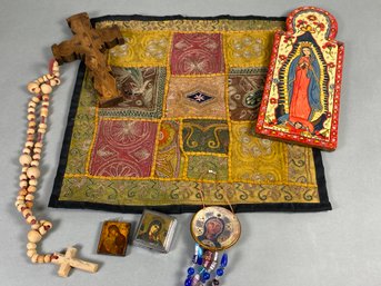 Lot Of Souvenir Religious Items Including A Clay Rosary & Wooden Cross & Plaque