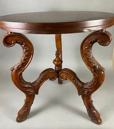 Beautiful Vintage Or Antique Round Wooden Side Table With Detailed Legs And Leather Top