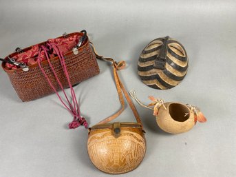 Handmade Purses Made From Woven Bamboo &  Gourds, Carved African Mask, & Hanging Gourd Basket