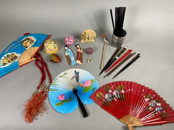 Pretty Vintage Paper Fans, Lacquer Boxes, Combs, Chopsticks, & Travel Souvenirs