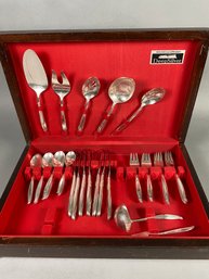 Set Of Vintage Holmes & Edwards Silverplate Flatware In The Woodsong Pattern With Wooden Case