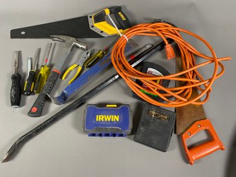 Lot Of Hand Tools, Partial Sets Of Drill Bits, And A 25' Extension Cord, Screwdriver, Hammer, Pry Bar, Saws