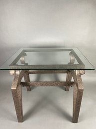 Glass Top Side Or End Table With Decorative Metal Base