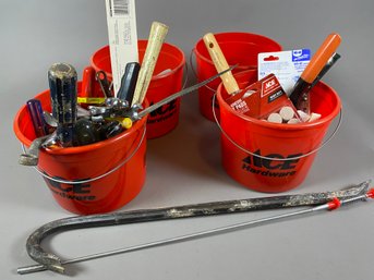 Large Lot Of Tools, Parts And Workshop Accessories In Ace Hardware Buckets, Wrenches, Hammer, Levels