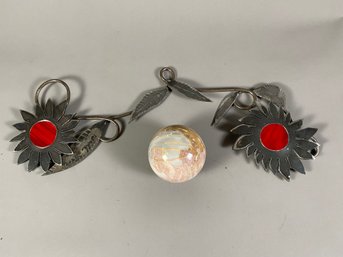 Beautiful Decorative Stone Sphere Or Ball & Metal Flower Wall Hanging With Red Jewel-like Accents