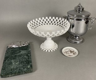 Miscellaneous Kitchen Or Bar Items Including A Cutting Board Or Trivet, Milk Glass Compote & Ice Bucket