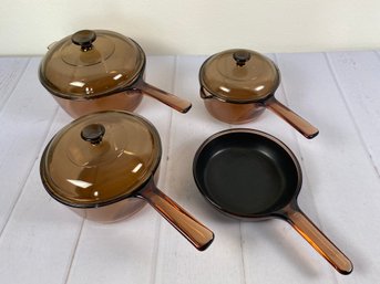 Vintage Amber Vision Corning Cookware Set Of Lidded Pots And A Telfon Coated Skillet