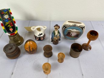 Interesting Lot Of Travel Souvenirs &Trinkets Including A Brass Bell, Cedar Mesa Pottery & Wood Carvings