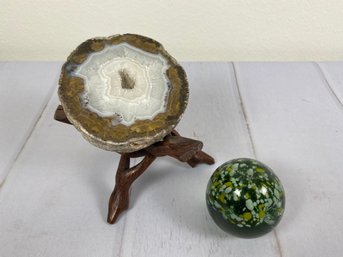 Pretty Split And Polished Geode With Wood Stand And Paperweigh