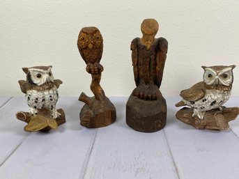 Adorable Vintage Pair Of Porcelain Or Bisque Owls And Two Carved Pieces Including An Owl & Buzzard
