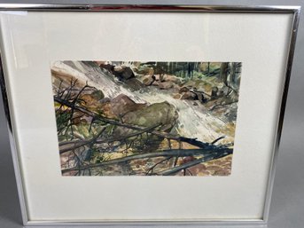 Beautiful Framed, Signed Oil Watercolor Painting By Colorado Artist Tedd Runge Titled Roaring River II 1981