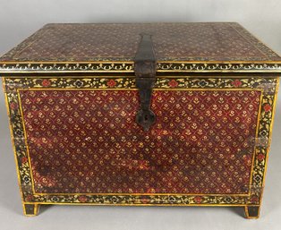 Wonderfully Decorated Wooden Blanket Or Storage Trunk Or Chest Featuring Flowers In Red & Gold