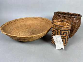 Set Of Three Wove Baskets, Probably Made By Brazilian Indians