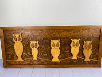 One Of A Kind MCM Midcentury Handmade Wooden Picture Of Owls