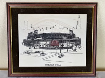 Very Cool Framed Tile Or Marble Piece Engraved With An Image Of Wrigley Field, Chicago Cubs