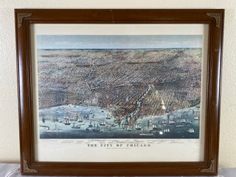 Vintage Framed Currier & Ives Print Of The City Of Chicago, Illinois & Lake Michigan In The Late 1800s