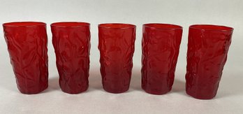 Set Of Five, Red Mid Century MCM Highball Glasses By Seneca In The Driftwood Pattern, Barware