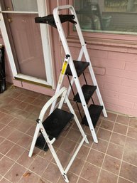 Pair Of White Metal Step Ladders, One With Collapsible Paint Tray, Tricam Industries