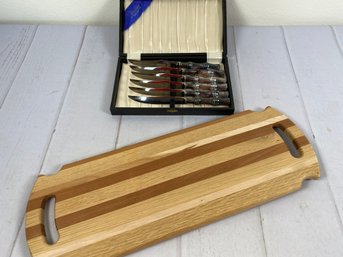 Nice Wooden Cutting Board And A Set Of William Adams Sheffield England Knives