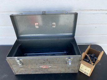 Vintage Craftsman Toolbox With Miscellaneous Tools And A Partial Box Of EMT Set Screw Coupling Parts