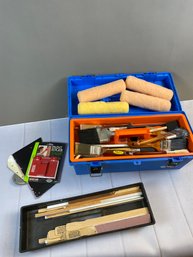 Builder's Square Tool Box Of Painting Supplies Including Rollers, High-quality Brushes, Stir Sticks & More