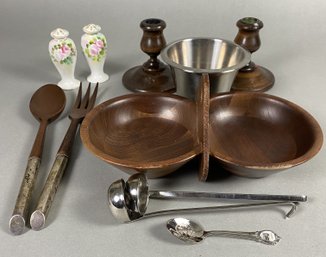 Set Of Wooden, Silverplate & Porcelain Tableware Pieces Including Nippon Salt & Pepper Shakers