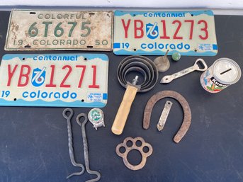 Interesting Lot Of Vintage Items Including Old Colorado License Plates, Church Keys, Horse Brush, & Bank