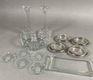 Miscellaneous Glassware Including A Heart Shaped Candy Dish, A Tray, Coasters, Bobeches & More