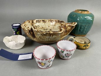 Miscellaneous Pottery Or Ceramic Pieces Including Bowls, A Candlestick Holder, A Vase & More