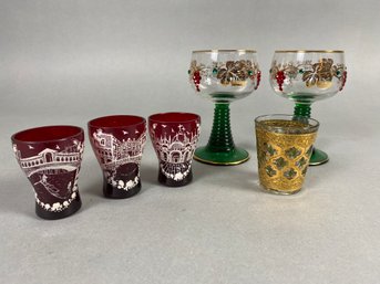 Cool, Highly Decorative Pieces Of Colored Glassware Including Shot Glasses & Goblets, Barware