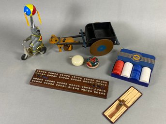 Vintage Toys Including Backgammon, Plastic Poker Chips, Yoyos And Tin Elephant