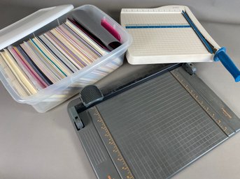 Large Tote Of Scrapbooking Paper Cardstock And 2 Paper Trimmers By Quartet And Fiskars