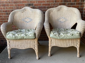 Pair Of Gorgeous Wicker Rattan Patio, Porch Or Lawn Chairs With Reversible Cushions