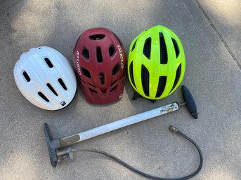 3 Bike Helmets And A Silca Tire Air Pump, Trek, Giro And Bontrager