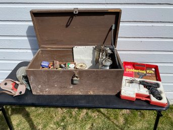 Vintage Toolbox Full On Soldering Equipment, Powr Kraft Paint Sprayer, Goggles
