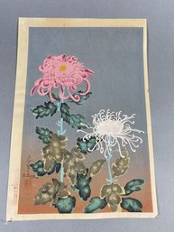 Incredible Signed Bakufu Ohno Japanese Woodblock Print Of Chrysanthemums Flowers