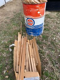 Miscellaneous Pieces Of Salvage Oak Trim Pieces In Large Metal Conklin Barrel